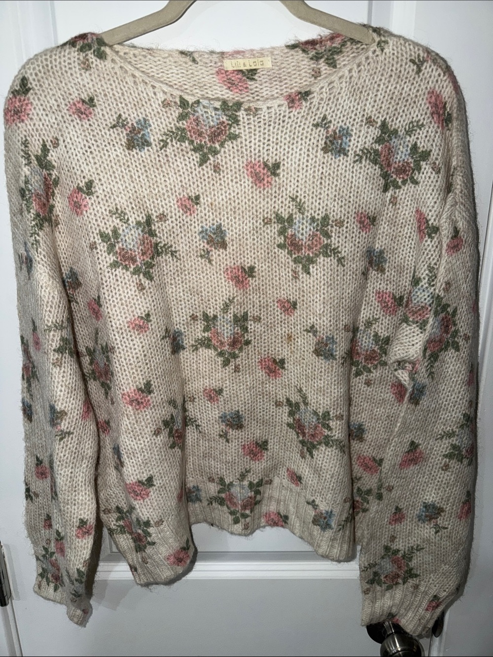 Lili & LalaCream Floral Crewneck Sweater with Pink & Blue Accents
